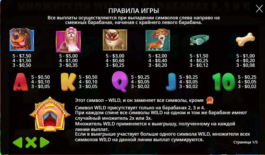 Экран символов и paytable в The Dog House